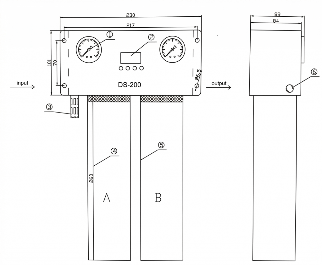 Compact Desiccant Air Dryer DS-200 technical dimension drawing