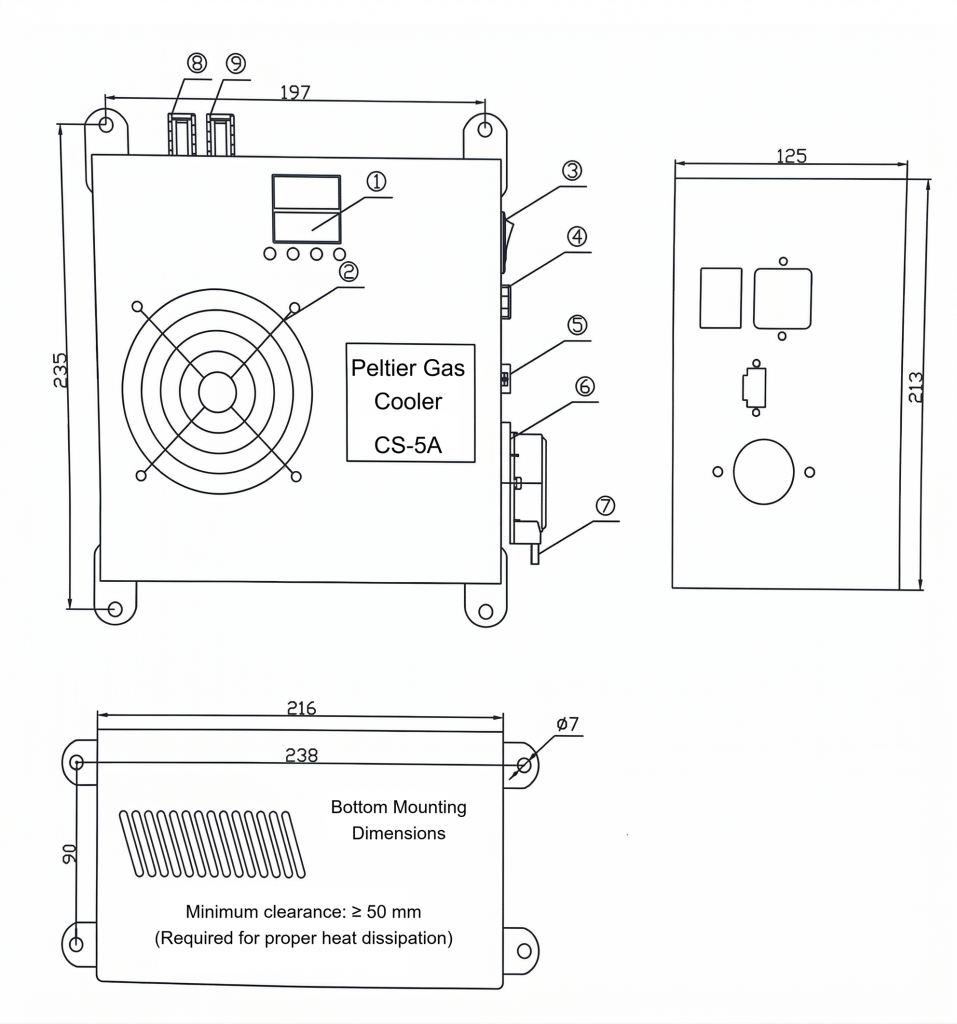 Peltier Gas Cooler CS-5A technical dimension drawing