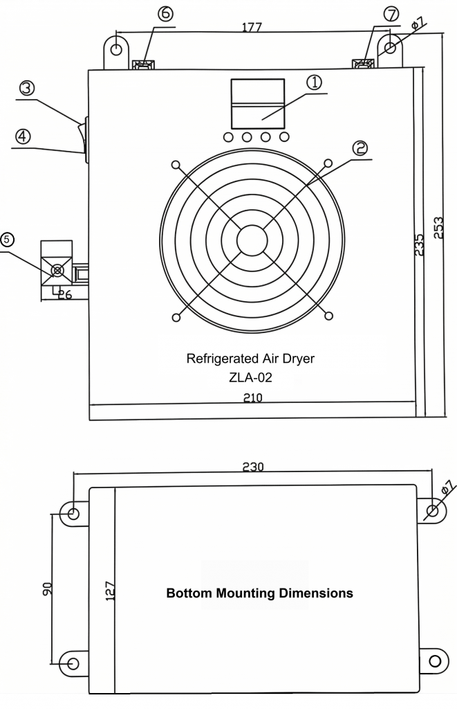 ZLA-02 thermoelectric compressed air dryer technical dimension drawing