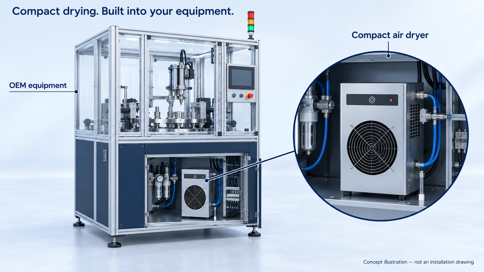 Concept illustration of a compact air dryer inside an automated machine, with a magnified detail